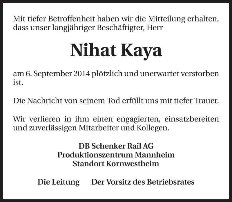  Traueranzeige für Nihat Kaya vom 11.10.2014 aus 