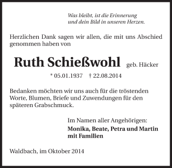 Traueranzeige von Ruth Schießwohl 