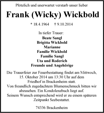 Traueranzeige von Frank Wickbold 