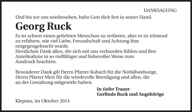  Traueranzeige für Georg Ruck vom 14.10.2014 aus 