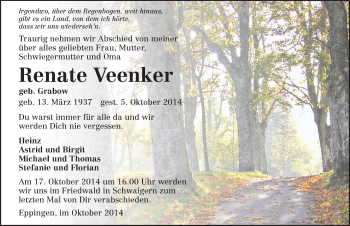 Traueranzeige von Renate Veenker 