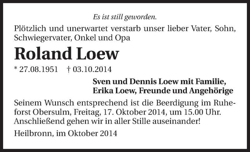 Traueranzeige für Roland Loew vom 15.10.2014 aus 