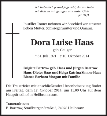 Traueranzeige von Dora Luise Haas 