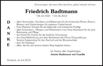 Traueranzeige von Friedrich Badtmann 