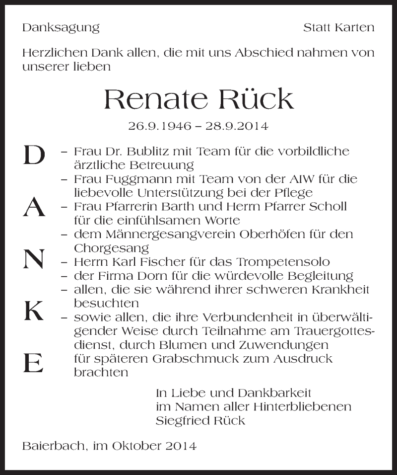  Traueranzeige für Renate Rück vom 15.10.2014 aus 
