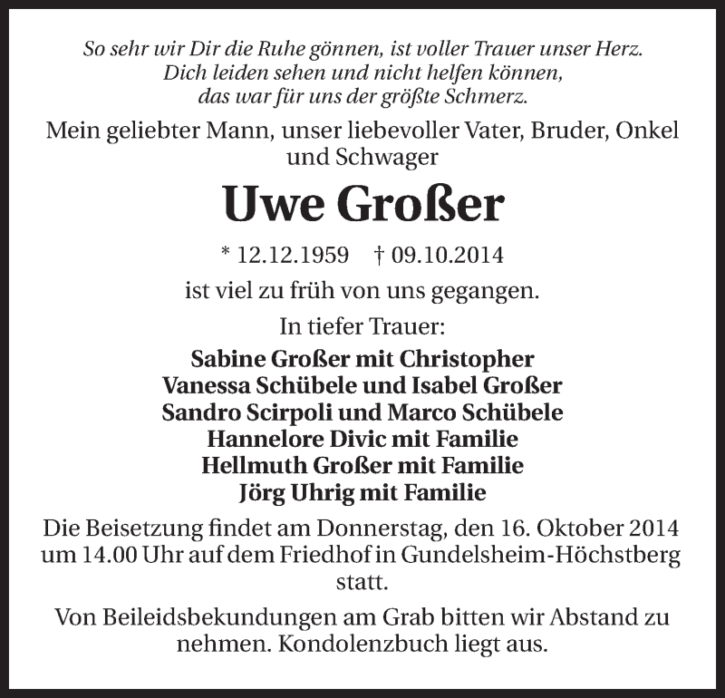  Traueranzeige für Uwe Großer vom 14.10.2014 aus 