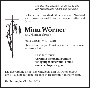 Traueranzeige von Mina Wörner 