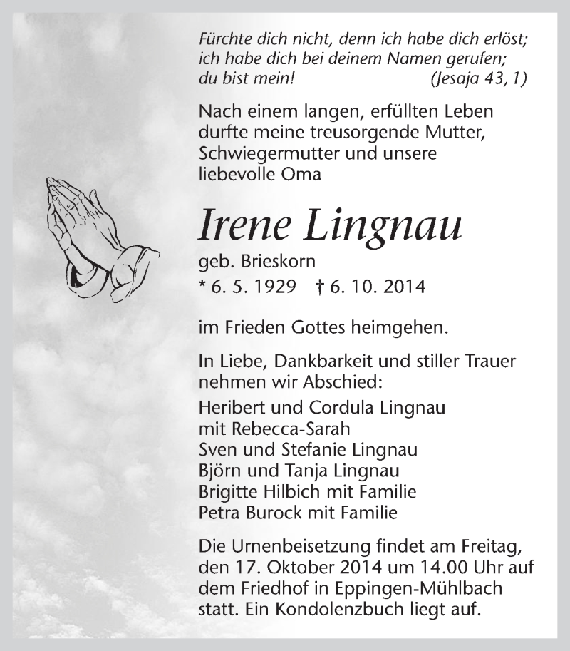 Traueranzeige für Irene Lingnau vom 15.10.2014 aus 