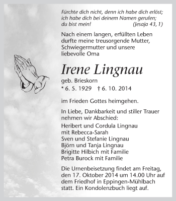 Traueranzeige von Irene Lingnau 