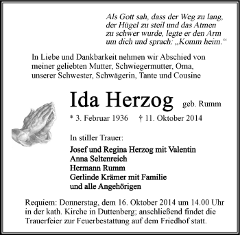 Traueranzeige von Ida Herzog 