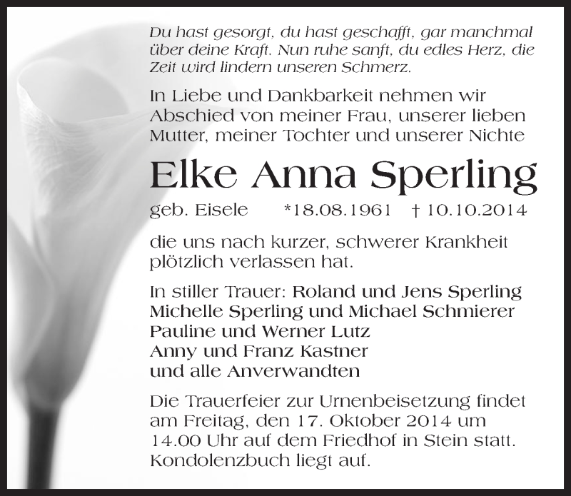  Traueranzeige für Elke Anna Sperling vom 14.10.2014 aus 