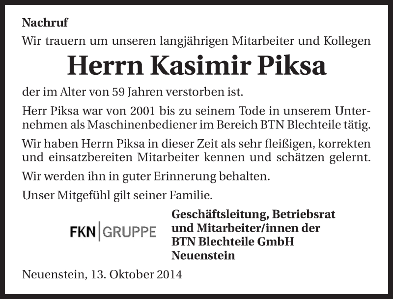 Traueranzeige für Kasimir Piksa vom 15.10.2014 aus 