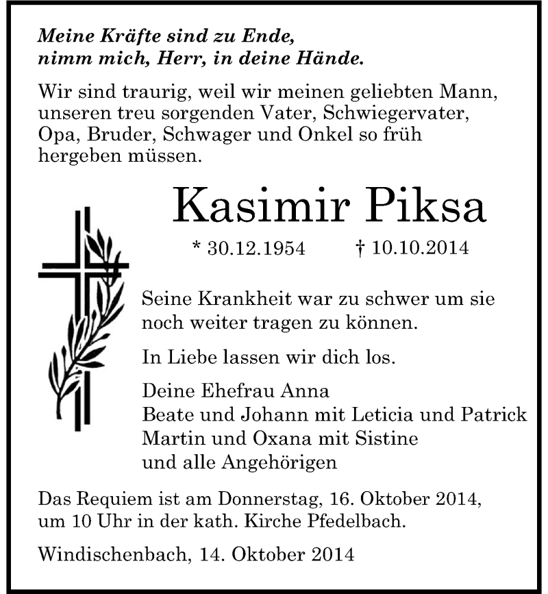  Traueranzeige für Kasimir Piksa vom 14.10.2014 aus 