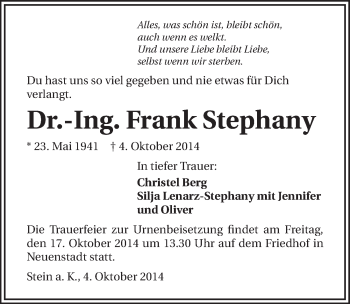 Traueranzeige von Frank Stephany 