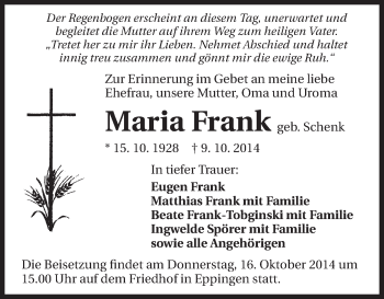 Traueranzeige von Maria Frank 