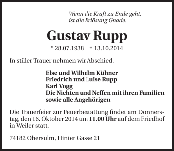 Traueranzeige von Gustav Rupp 
