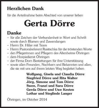 Traueranzeige von Gerta Dörre 