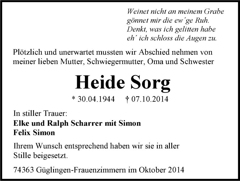  Traueranzeige für Heide Sorg vom 18.10.2014 aus 