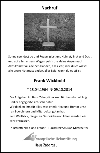 Traueranzeige von Frank Wickbold 