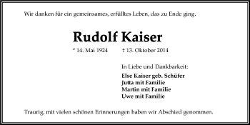 Traueranzeige von Rudolf Kaiser 