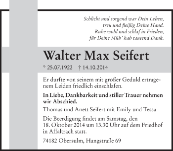 Traueranzeige von Walter Max Seifert 