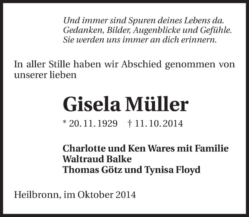  Traueranzeige für Gisela Müller vom 17.10.2014 aus 