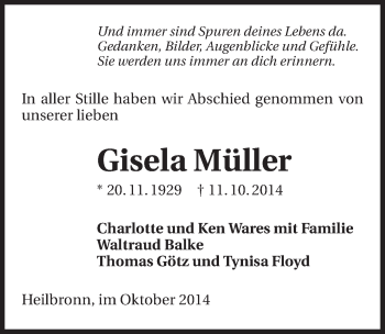 Traueranzeige von Gisela Müller 
