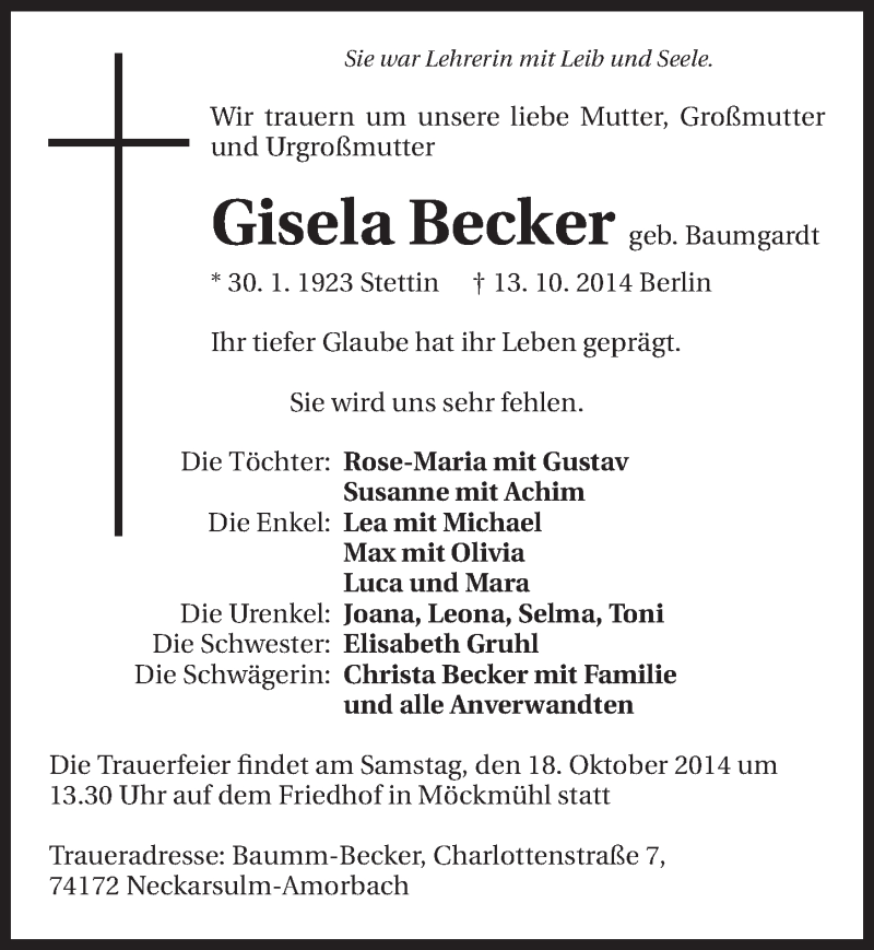  Traueranzeige für Gisela Becker vom 16.10.2014 aus 
