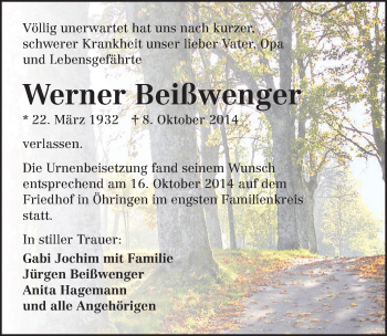 Traueranzeige von Werner Beißwenger 