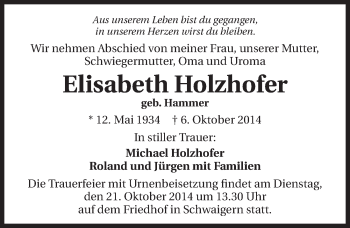 Traueranzeige von Elisabeth Holzhofer 