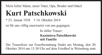 Traueranzeige von Kurt Patschkowski 