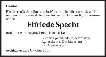 Traueranzeige von Elfriede Specht 