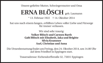 Traueranzeige von Erna Blösch 