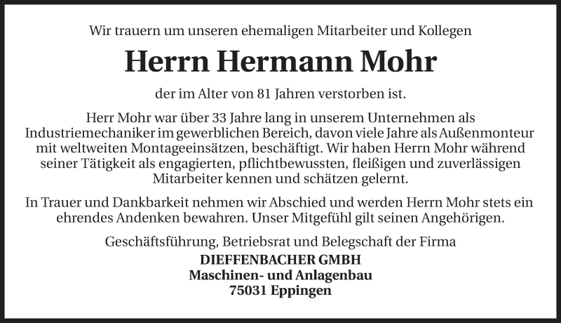  Traueranzeige für Hermann Mohr vom 18.10.2014 aus 