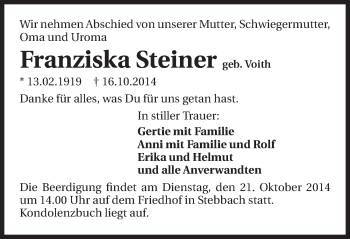 Traueranzeige von Franziska Steiner 