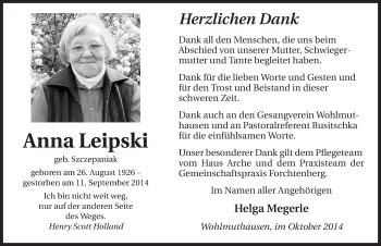 Traueranzeige von Anna Leipski 