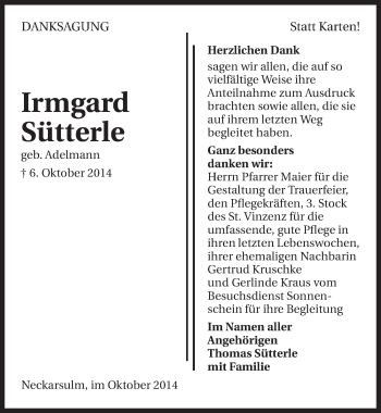 Traueranzeige von Irmgard Sütterle 