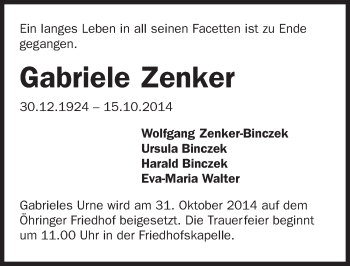 Traueranzeige von Gabriele Zenker 