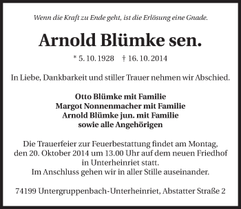 Traueranzeige von Arnold Blümke 
