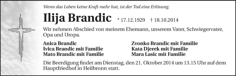  Traueranzeige für Ilija Brandic vom 20.10.2014 aus 