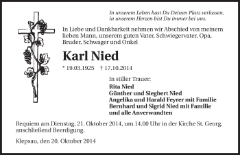 Traueranzeige von Karl Nied 