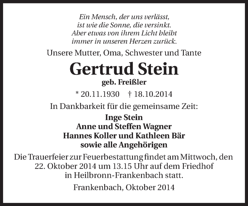  Traueranzeige für gertud Stein vom 21.10.2014 aus 