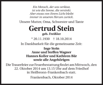 Traueranzeige von gertud Stein 