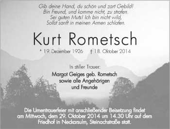Traueranzeige von Kurt Rometsch 
