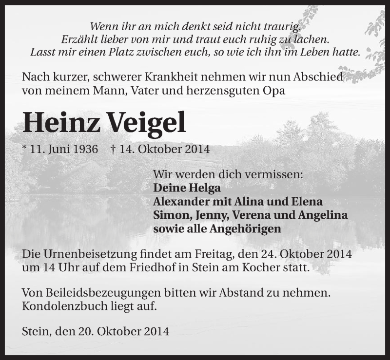  Traueranzeige für Heinz Veigel vom 21.10.2014 aus 