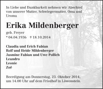 Traueranzeige von Erika Mildenberger 