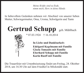 Traueranzeige von Gertrud Schupp 