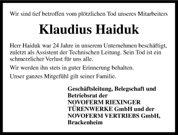 Traueranzeige von Klaudius Haiduk 