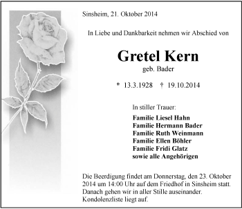Traueranzeige von Gretel Kern 