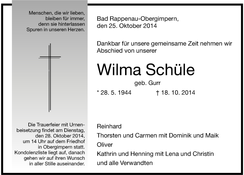  Traueranzeige für Wilma Schüle vom 25.10.2014 aus 